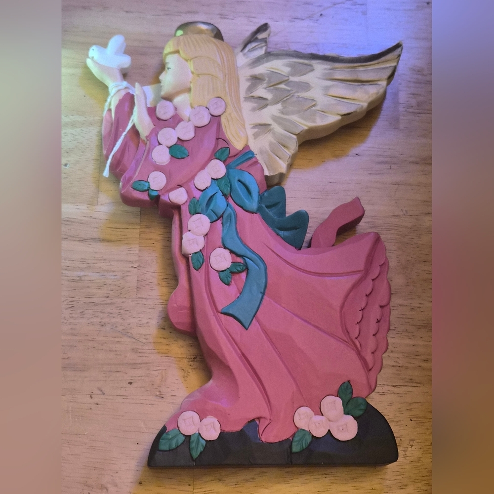Pink Vintage Handpainted Hand Carved Angel Decor
